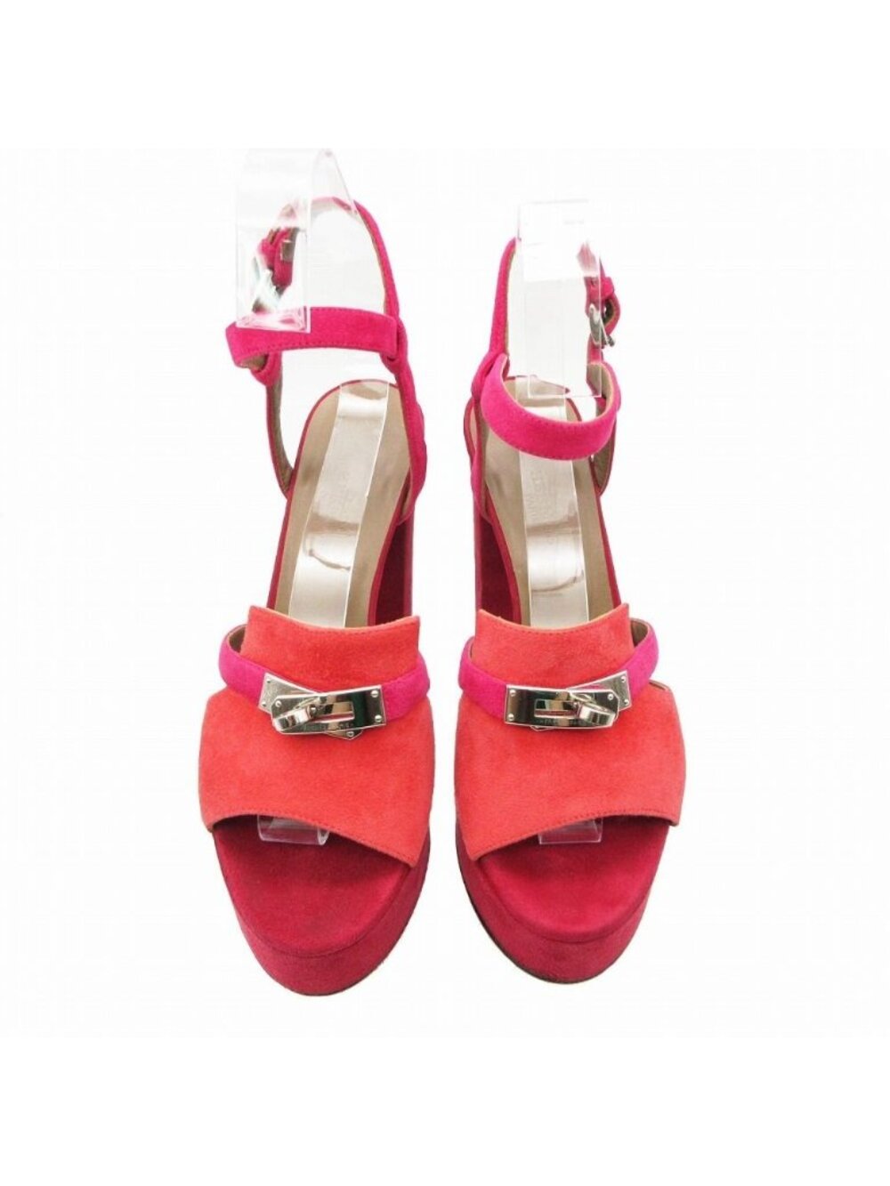 Hermes Sandals Suede Kelly Buckle Silver Ankle Strap Shoes Pink